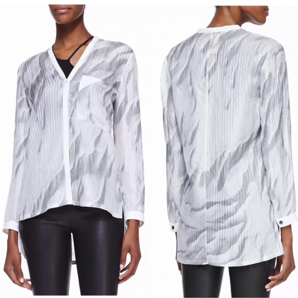 Helmut Lang Mars Print White Gray Marble Pocket Silk Button Down Blouse Top P XS - Picture 1 of 5
